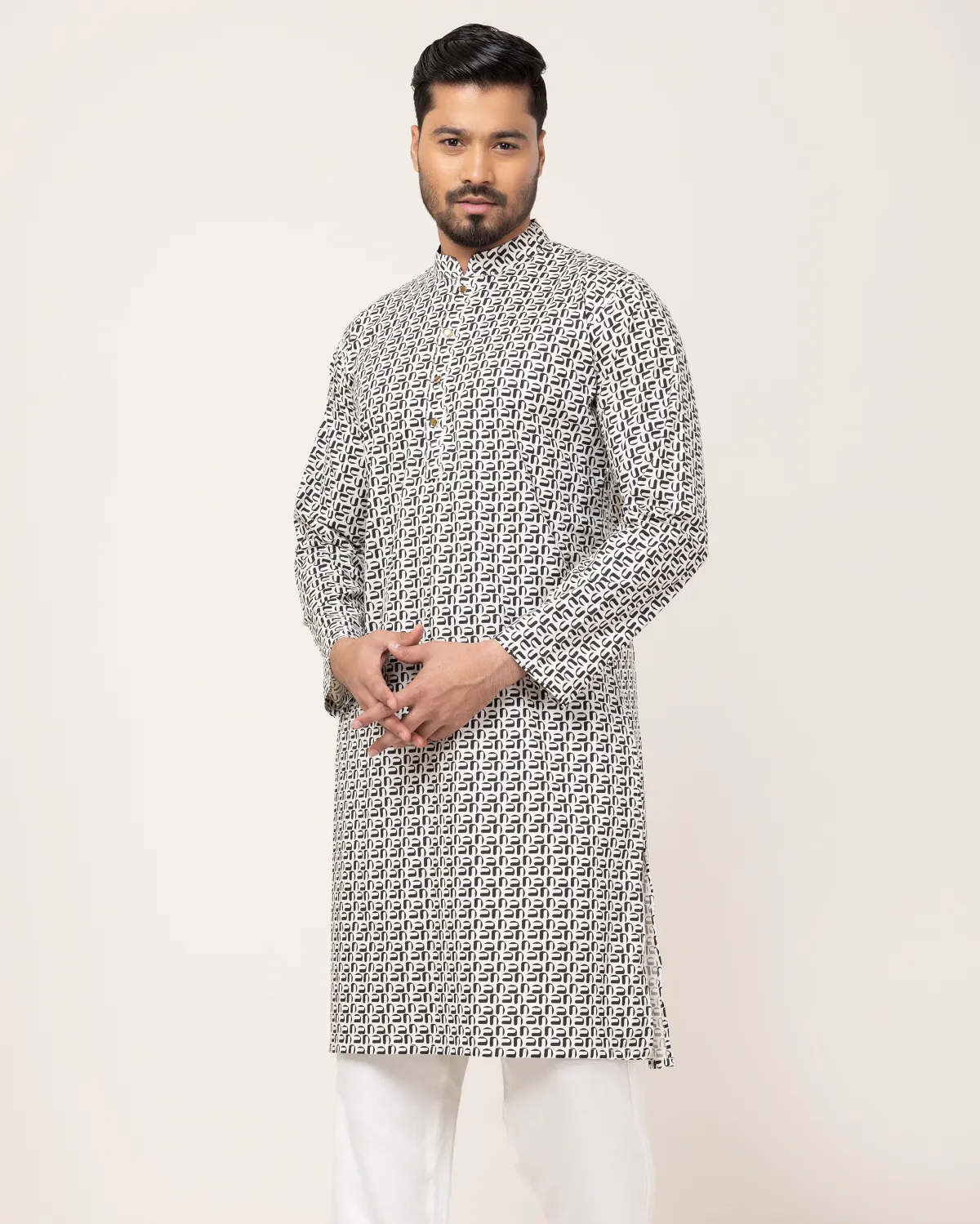 Off White & Black Print Panjabi